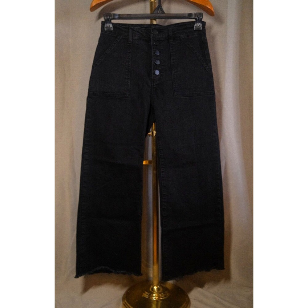 Just Black Denim Button Down Slim Wide Leg Jeans Black Raw Hem Women's S 11 / 29